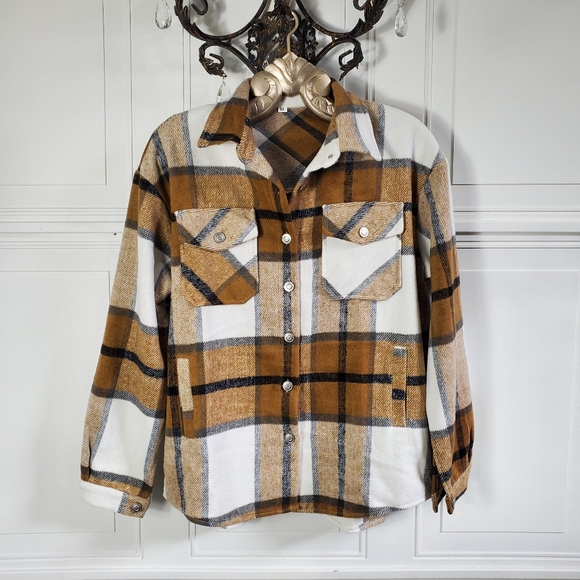 NEW Cozy Retro 70's Flannel Plaid Shacket Top Jacket Brown Tan White Gray - Picture 7 of 14